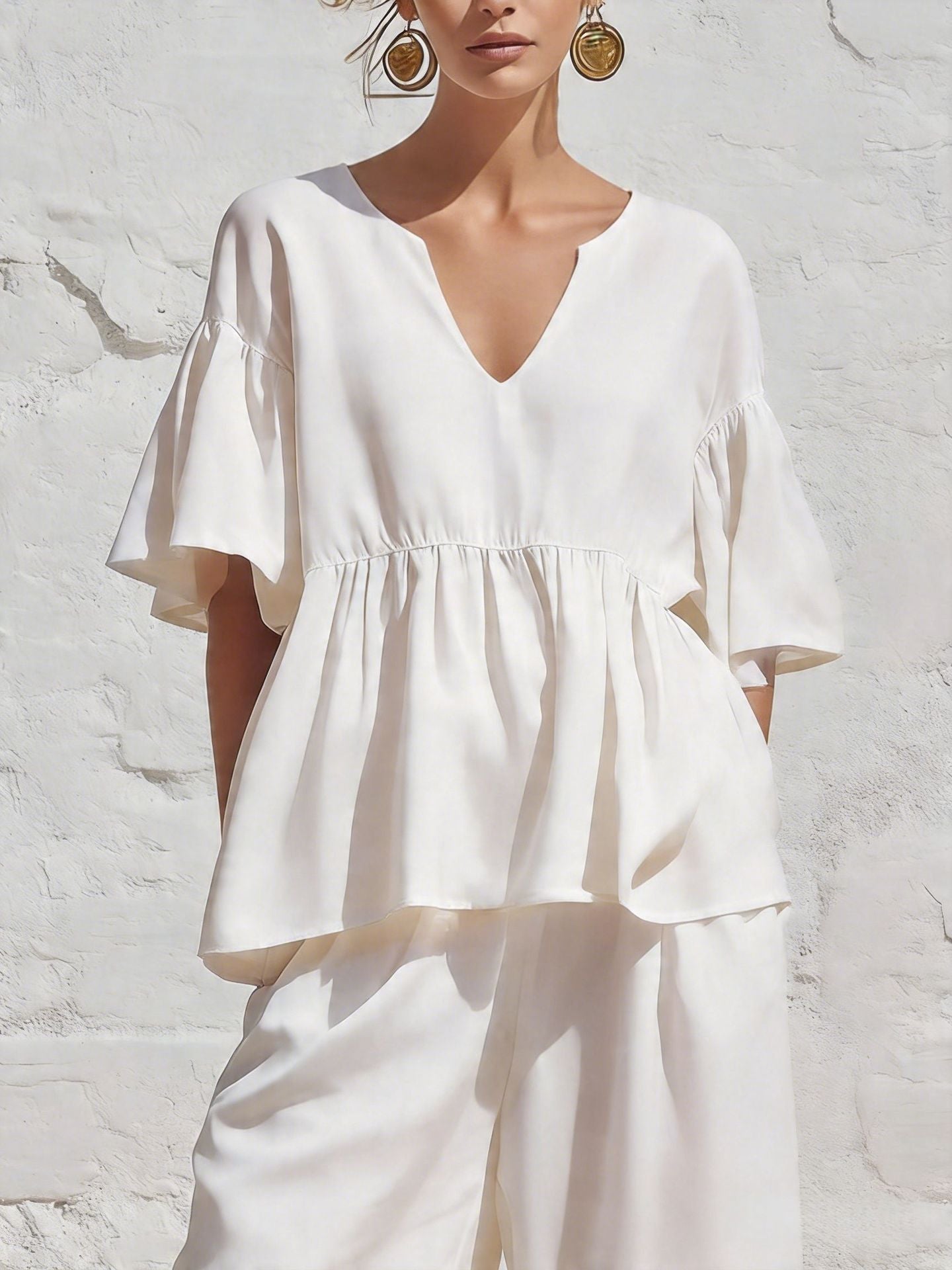 Relaxed Ruffled Three-Quarter Sleeve V-Neck Cotton Linen Summer Top