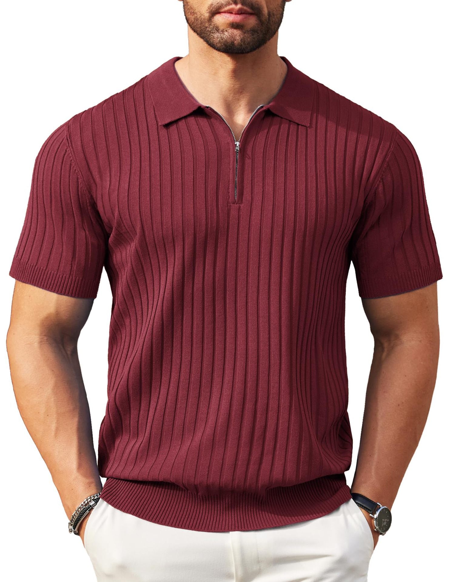 Men's Zippered Short-Sleeve Ribbed Knit Polo Shirt (Spring/Summer)