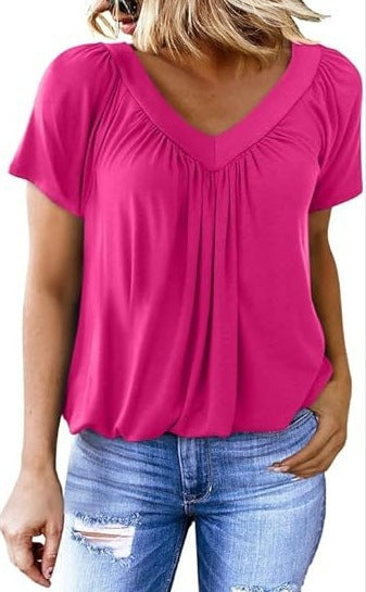 V-neck raglan sleeve pleated casual everyday lounge T-shirt