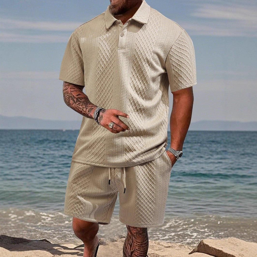 Jacquard fabric casual sports short-sleeved collared polo shirt set