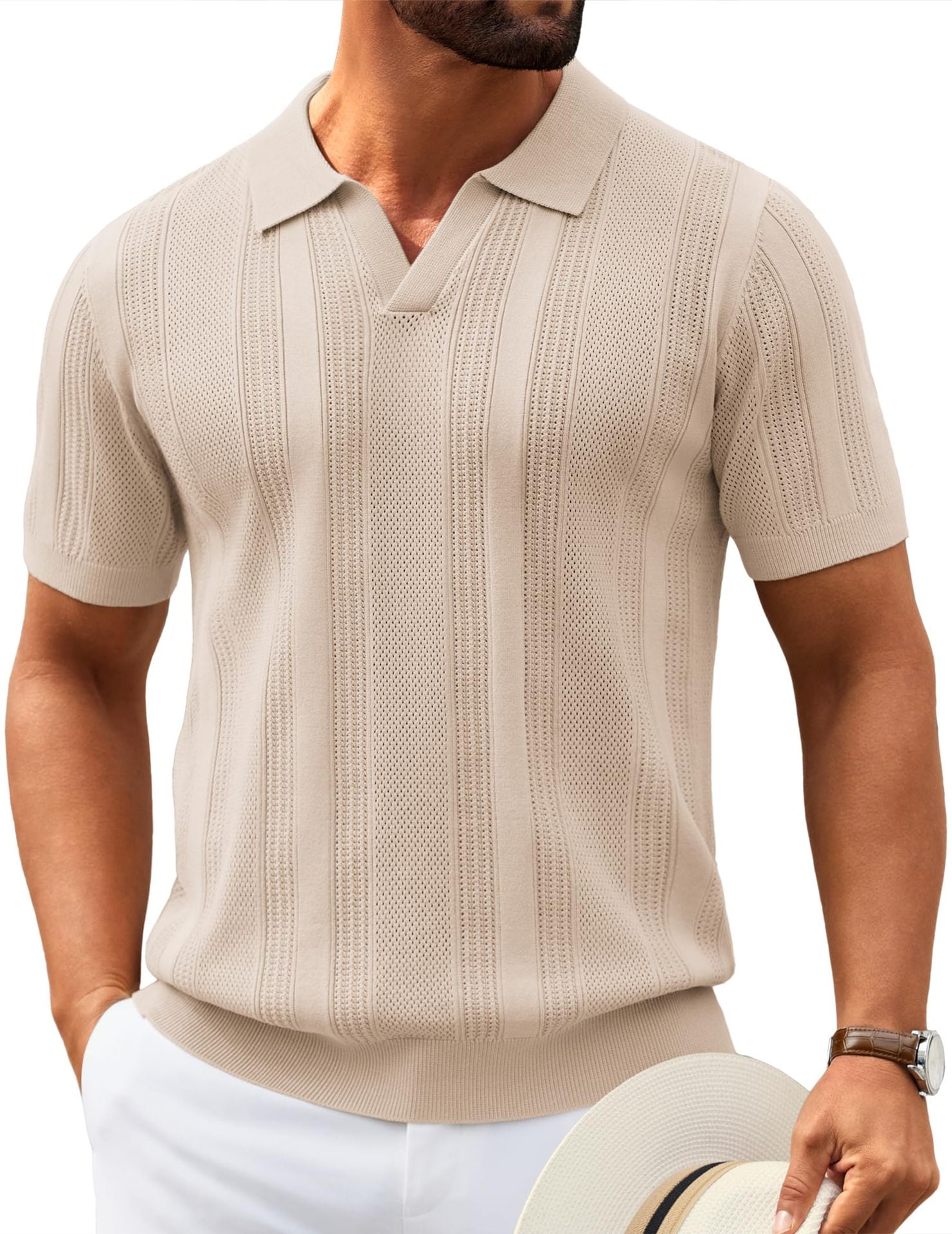 Men's Knitted V-Neck Textured Short-Sleeve Breathable Polo Shirt