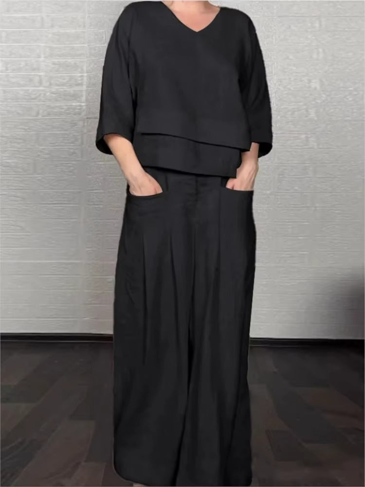 Solid color round neck long-sleeved casual top and straight leg pants two-piece set