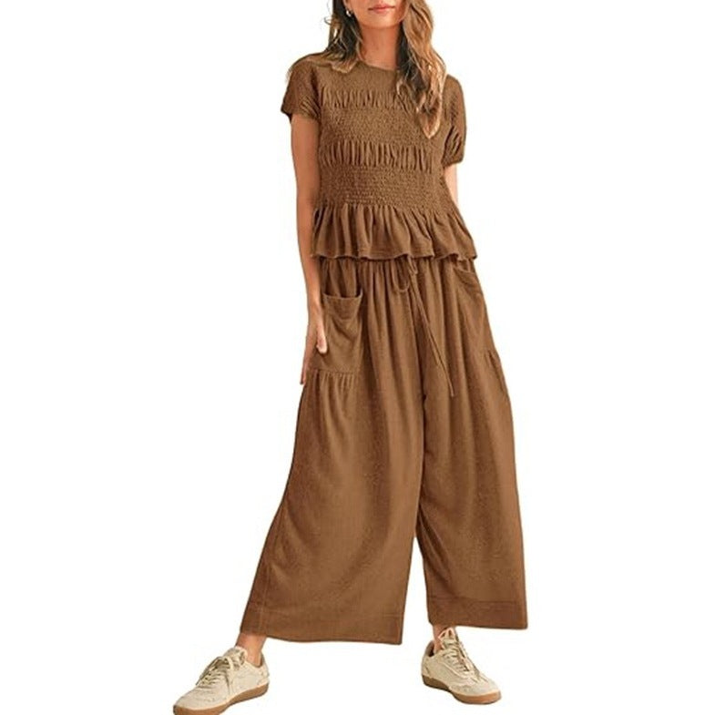 Stretch Pleated T-shirt and High-Waisted Wide-Leg Pants Casual Two-Piece Set