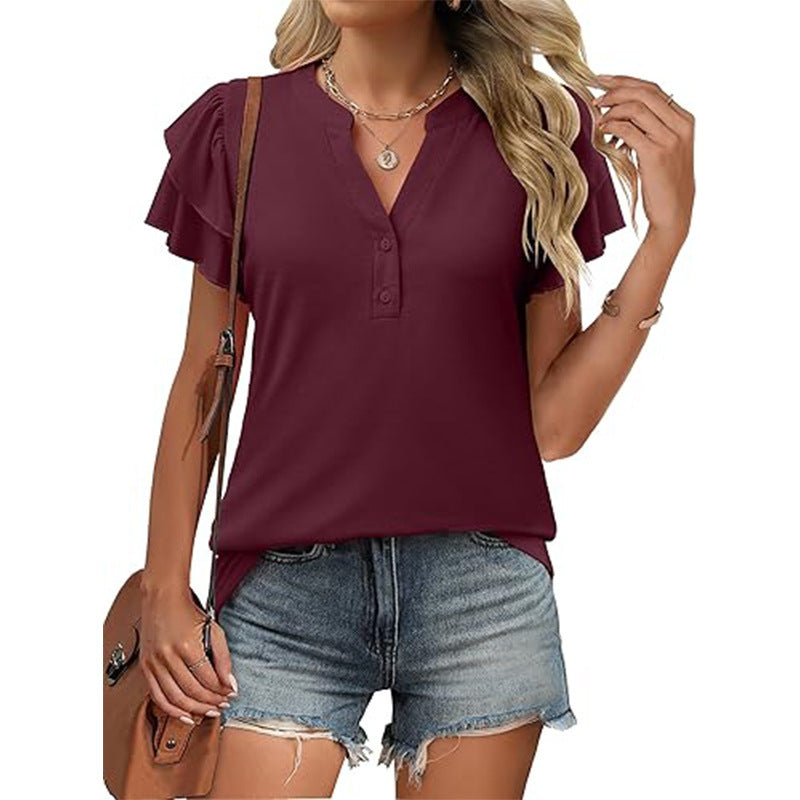 V-neck short-sleeved ruffle sleeve T-shirt, button-down shirt, fashionable top