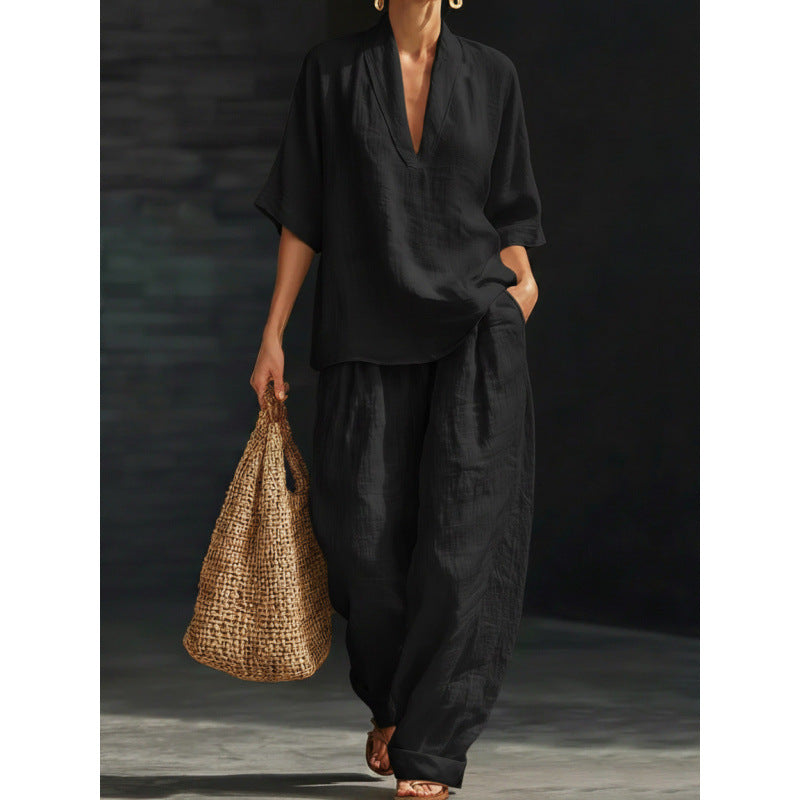 Loose, casual, comfortable, simple solid color two-piece set