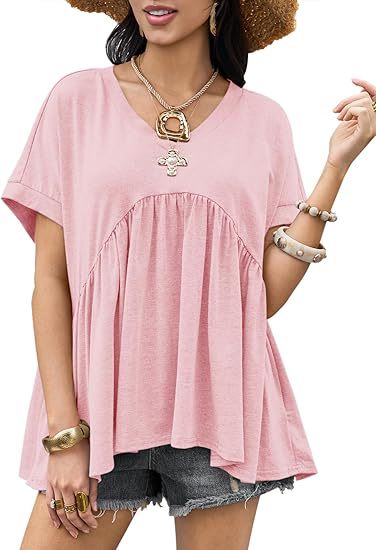 Summer short-sleeved V-neck casual loose pleated shirt