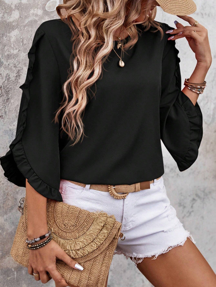 New Spring/Summer Round Neck Lace Irregular Three-Quarter Sleeve Top