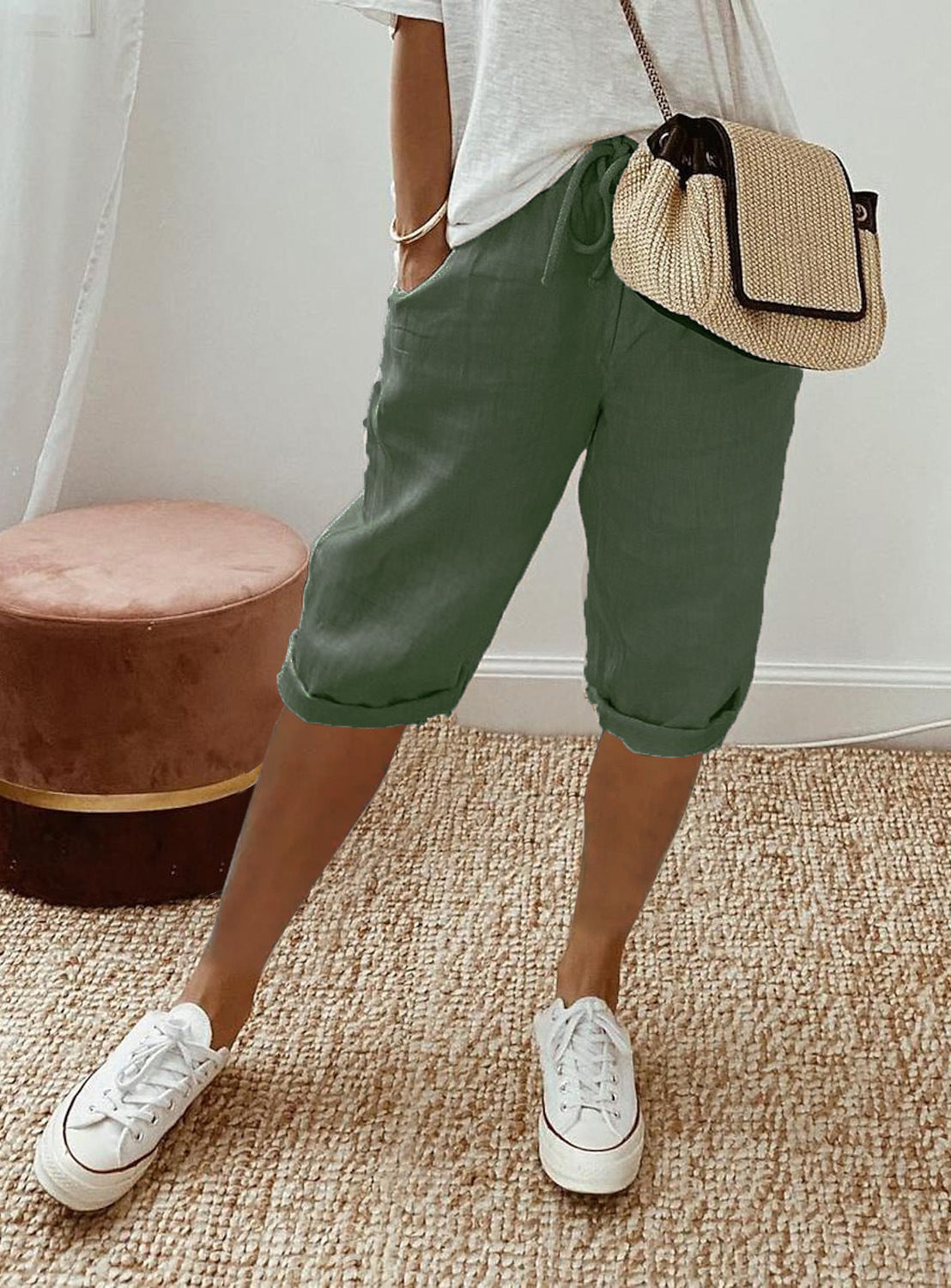 Women's cotton and linen pocket elastic waist casual five-point pants