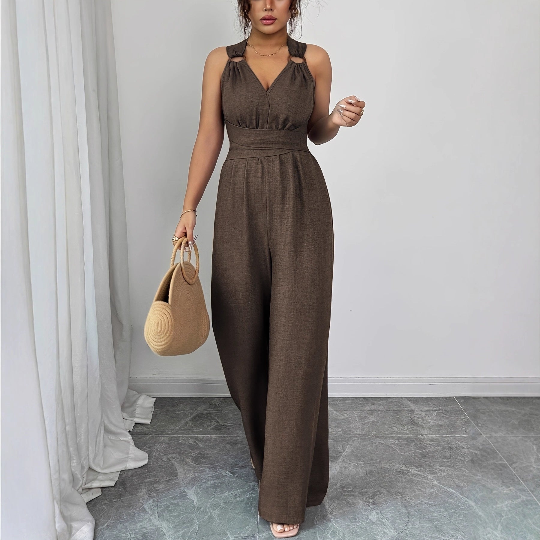 Fashionable and sexy V-neck backless crossover waist wide-leg jumpsuit