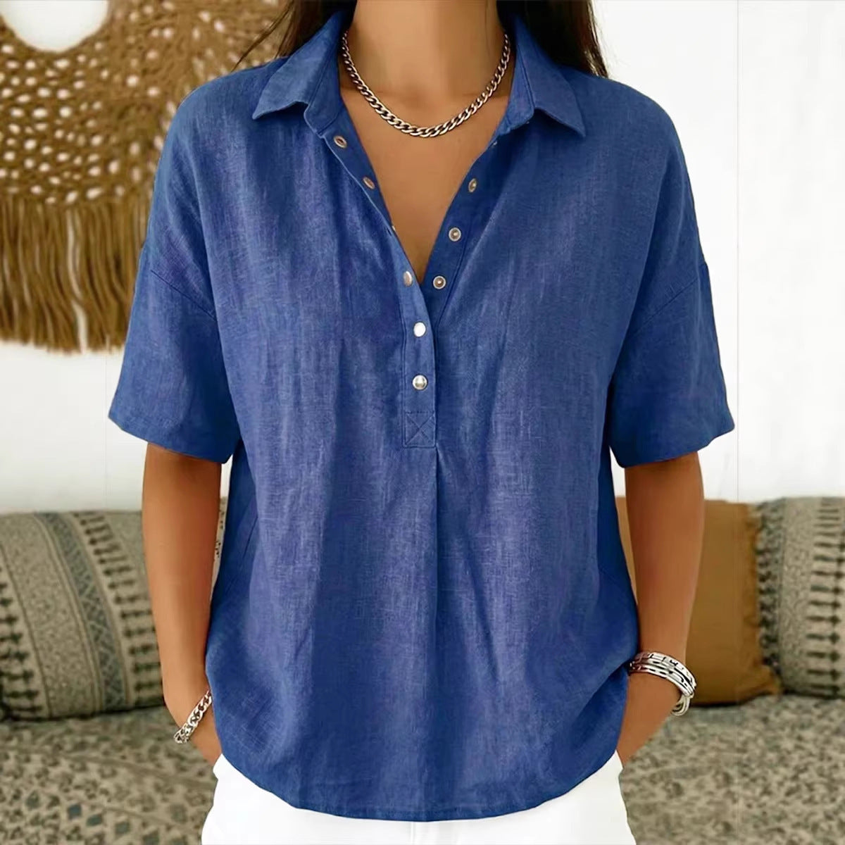 New summer women's loose-fitting, comfortable collared short-sleeved solid color shirt