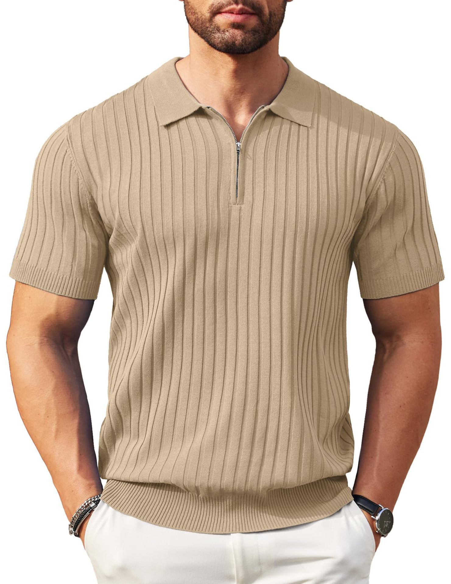 Men's Zippered Short-Sleeve Ribbed Knit Polo Shirt (Spring/Summer)