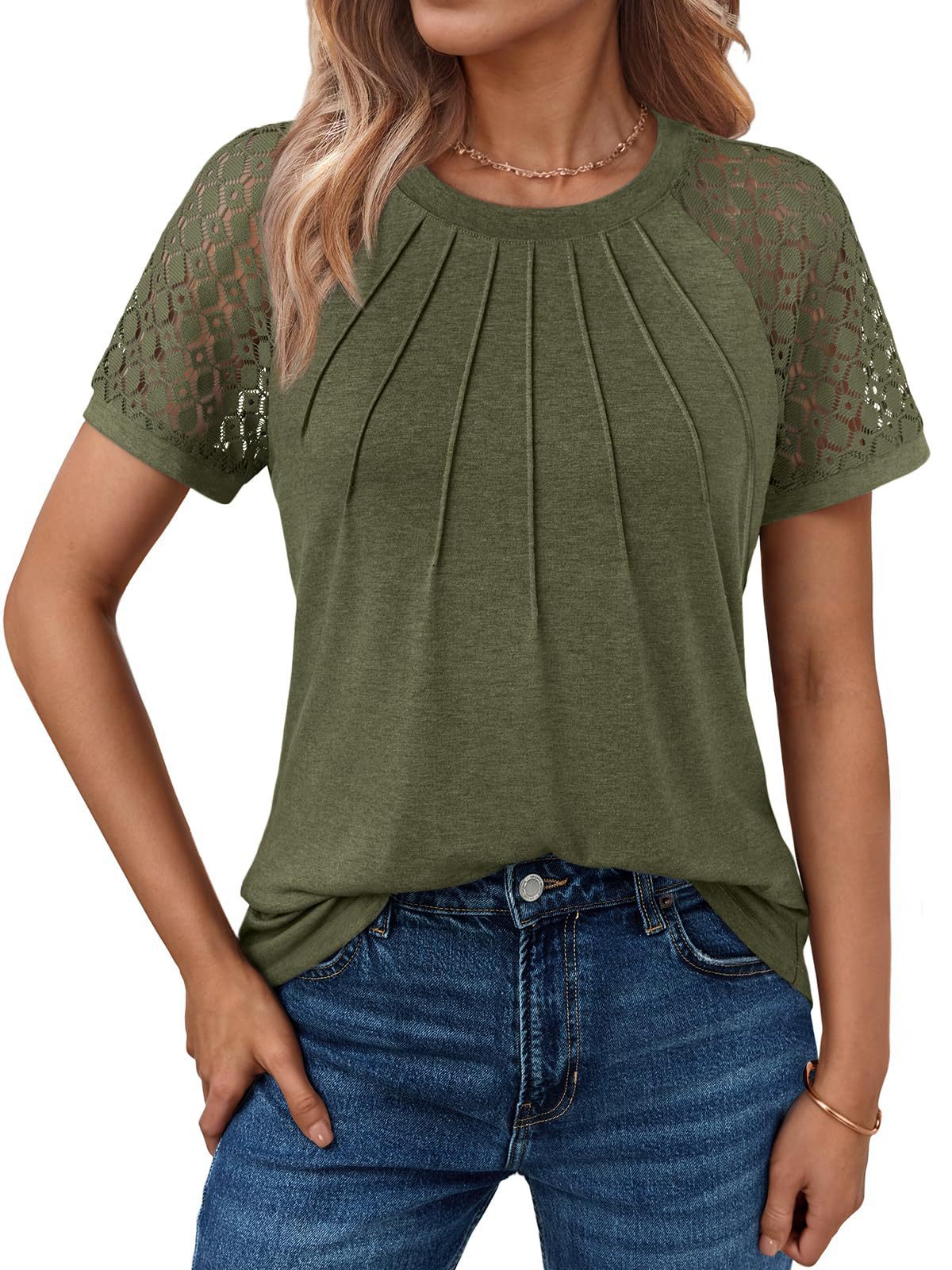 Women's short-sleeved round neck T-shirt with lace cutouts