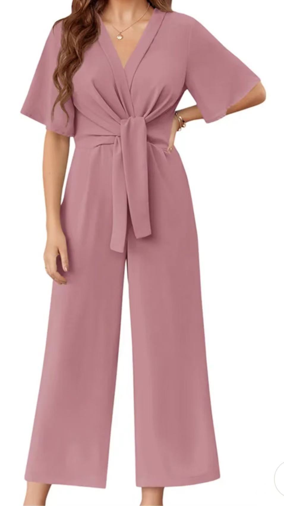 Solid color V-neck minimalist design short-sleeved jumpsuit