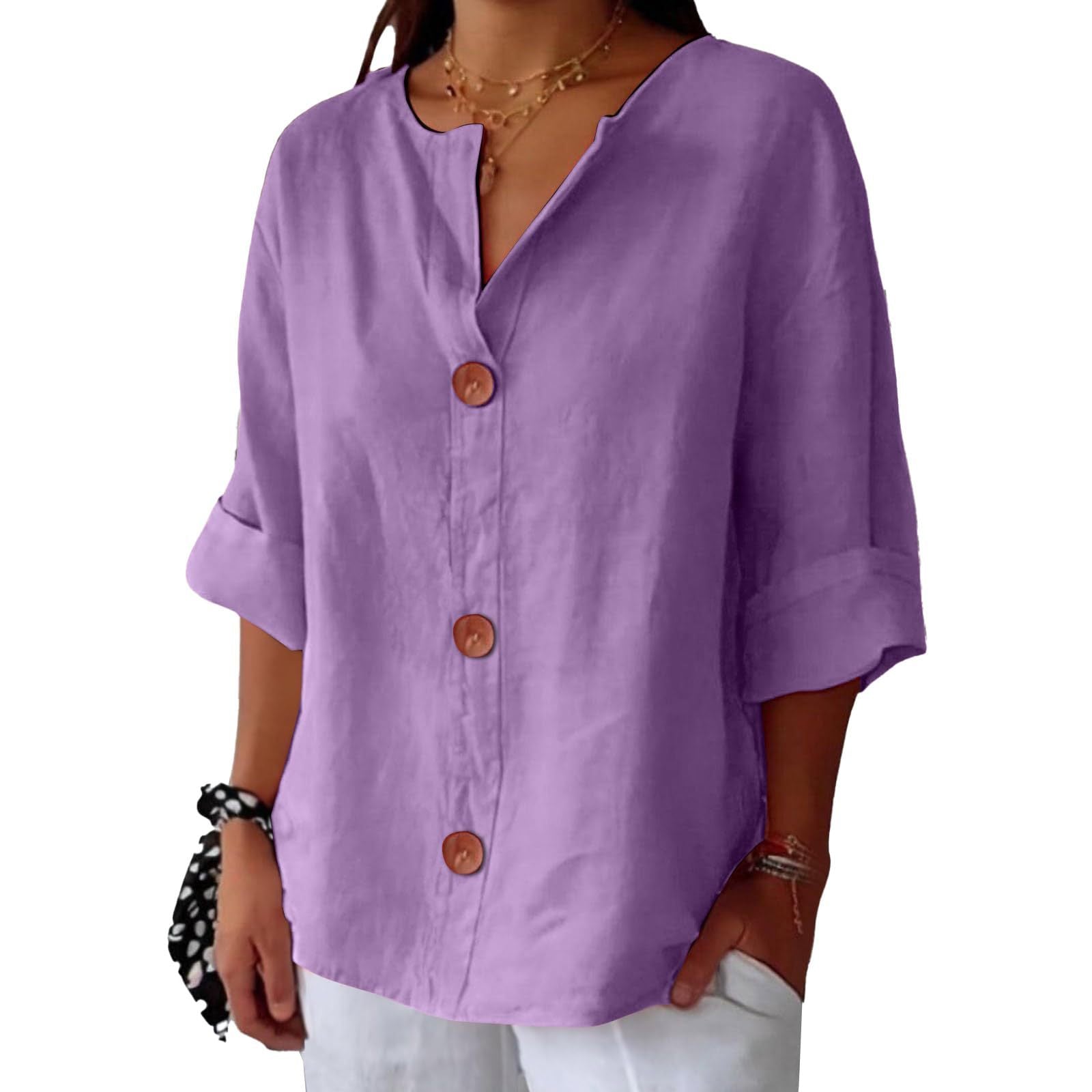 New loose-fitting V-neck cotton linen button-down top