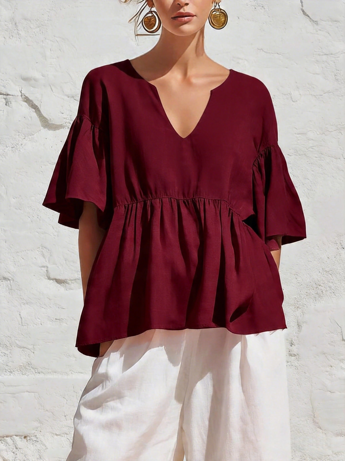 Relaxed Ruffled Three-Quarter Sleeve V-Neck Cotton Linen Summer Top
