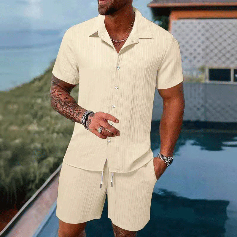 Casual loose cotton and linen short-sleeved shorts beach set