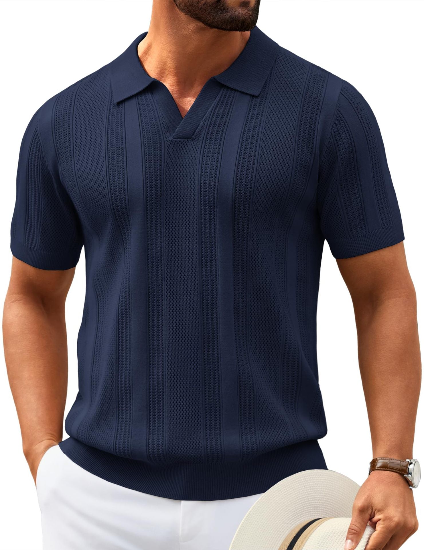 Men's Knitted V-Neck Textured Short-Sleeve Breathable Polo Shirt