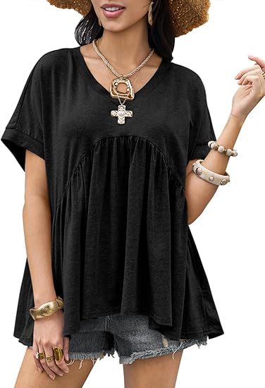 Summer short-sleeved V-neck casual loose pleated shirt