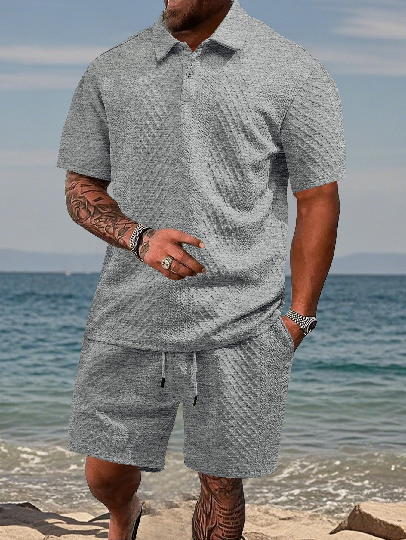 Jacquard fabric casual sports short-sleeved collared polo shirt set