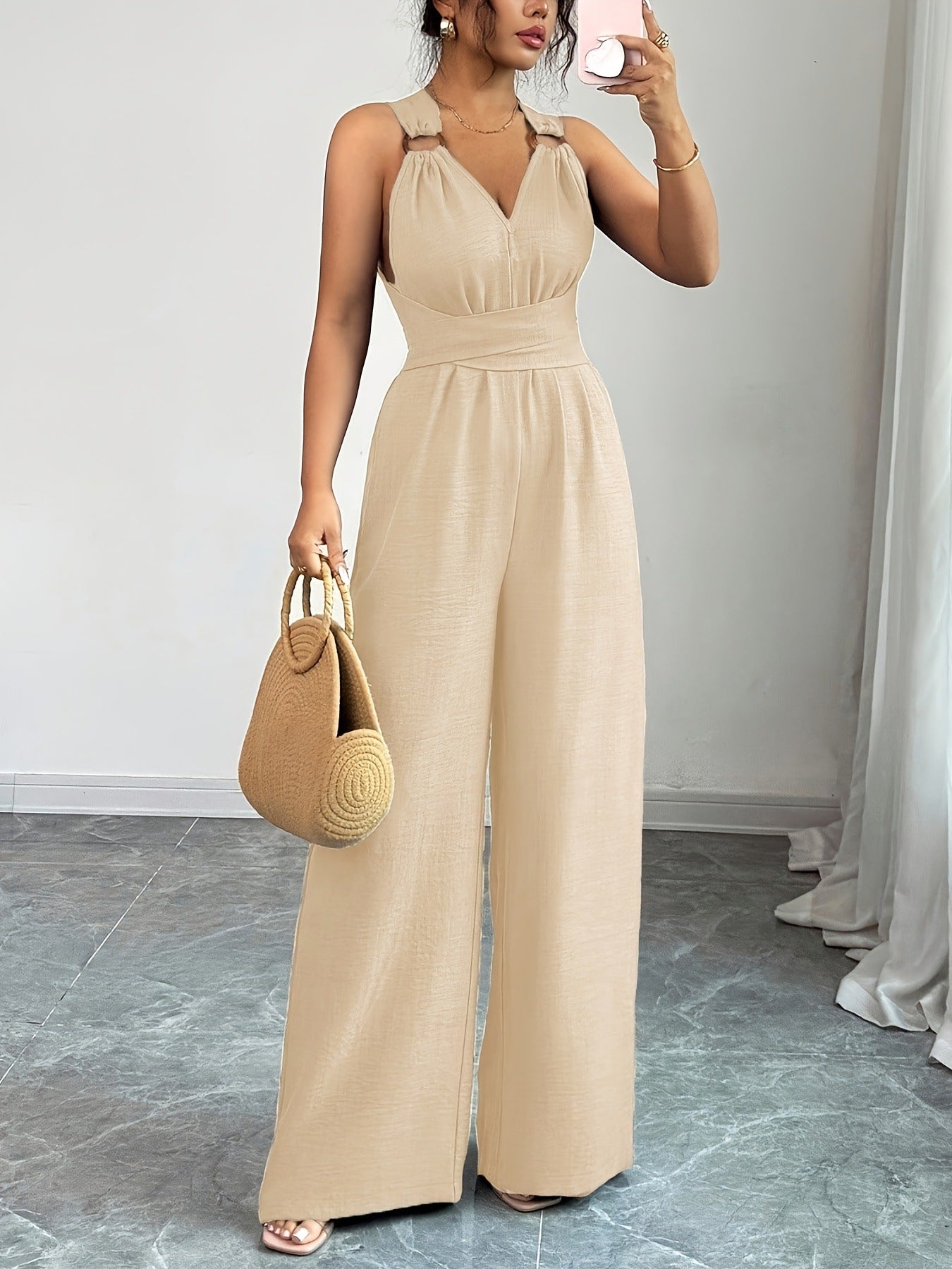 Fashionable and sexy V-neck backless crossover waist wide-leg jumpsuit