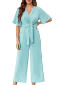 Solid color V-neck minimalist design short-sleeved jumpsuit