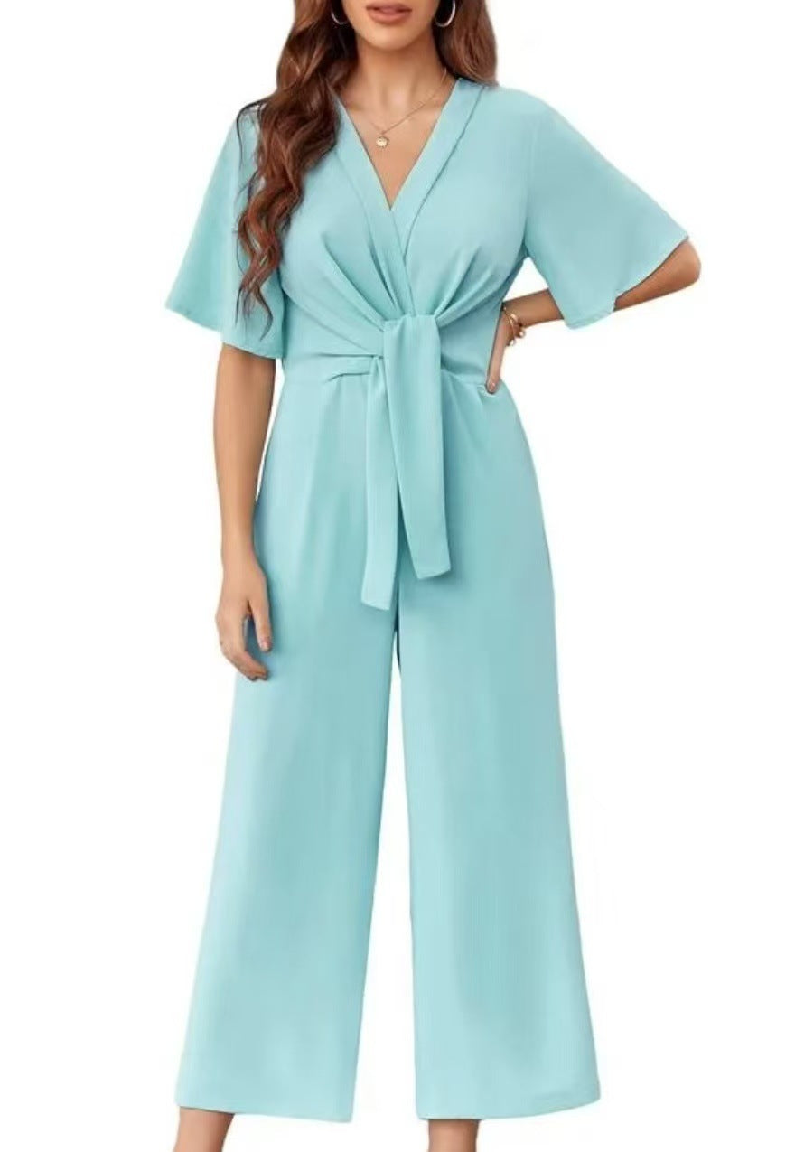 Solid color V-neck minimalist design short-sleeved jumpsuit