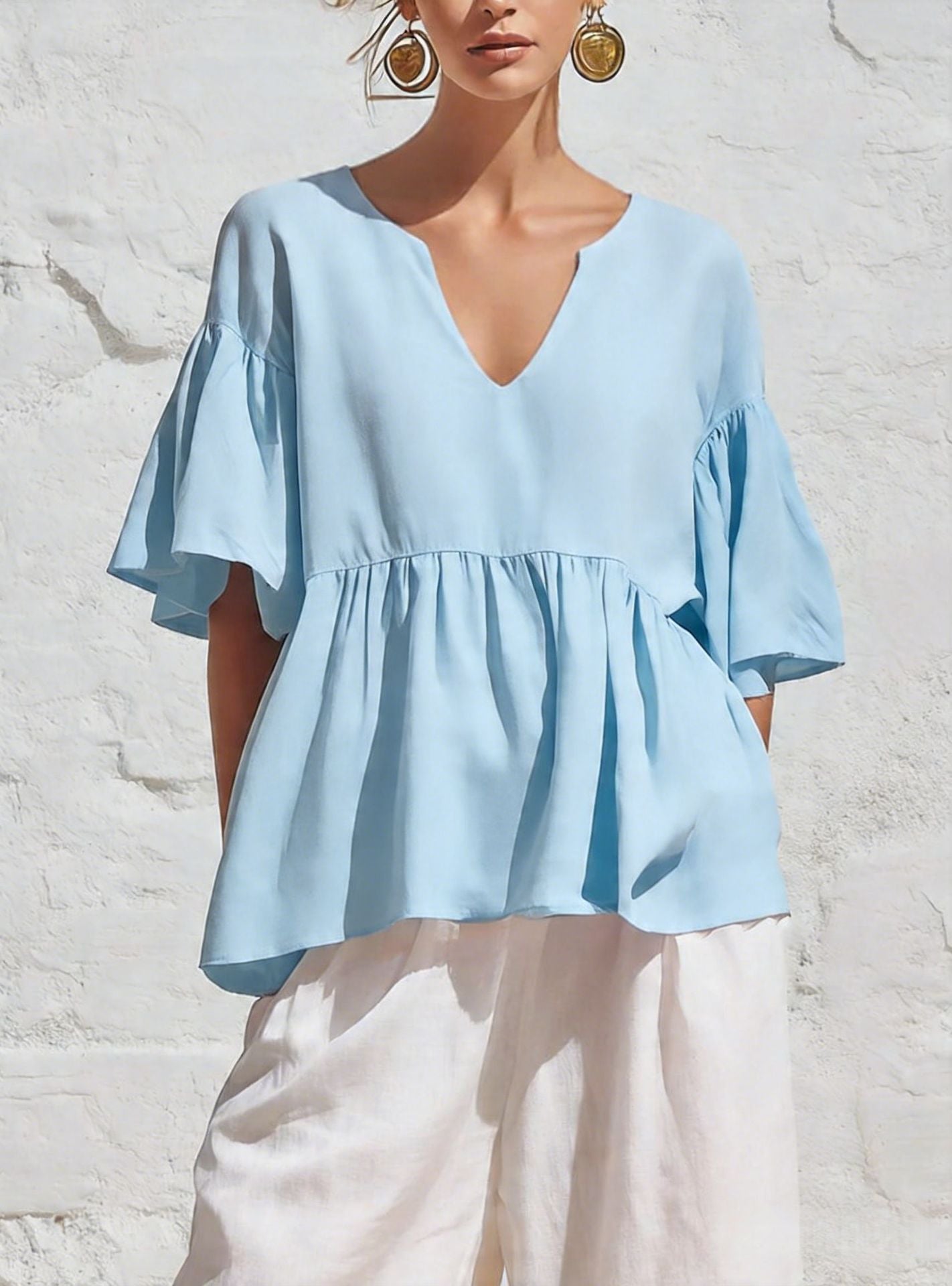 Relaxed Ruffled Three-Quarter Sleeve V-Neck Cotton Linen Summer Top