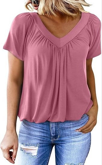 V-neck raglan sleeve pleated casual everyday lounge T-shirt