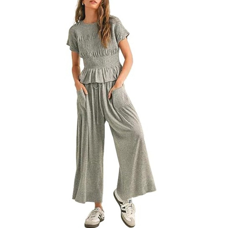 Stretch Pleated T-shirt and High-Waisted Wide-Leg Pants Casual Two-Piece Set