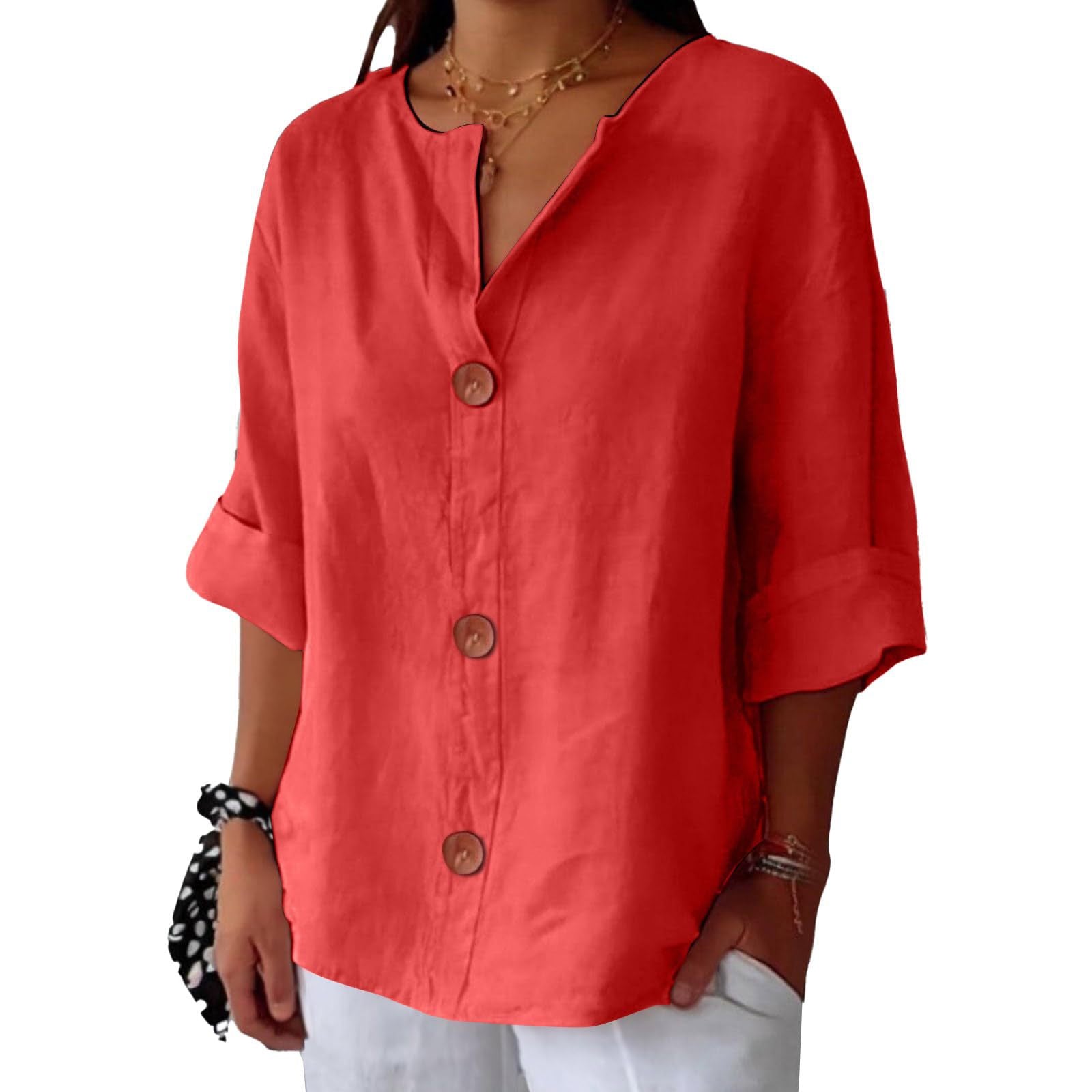 New loose-fitting V-neck cotton linen button-down top