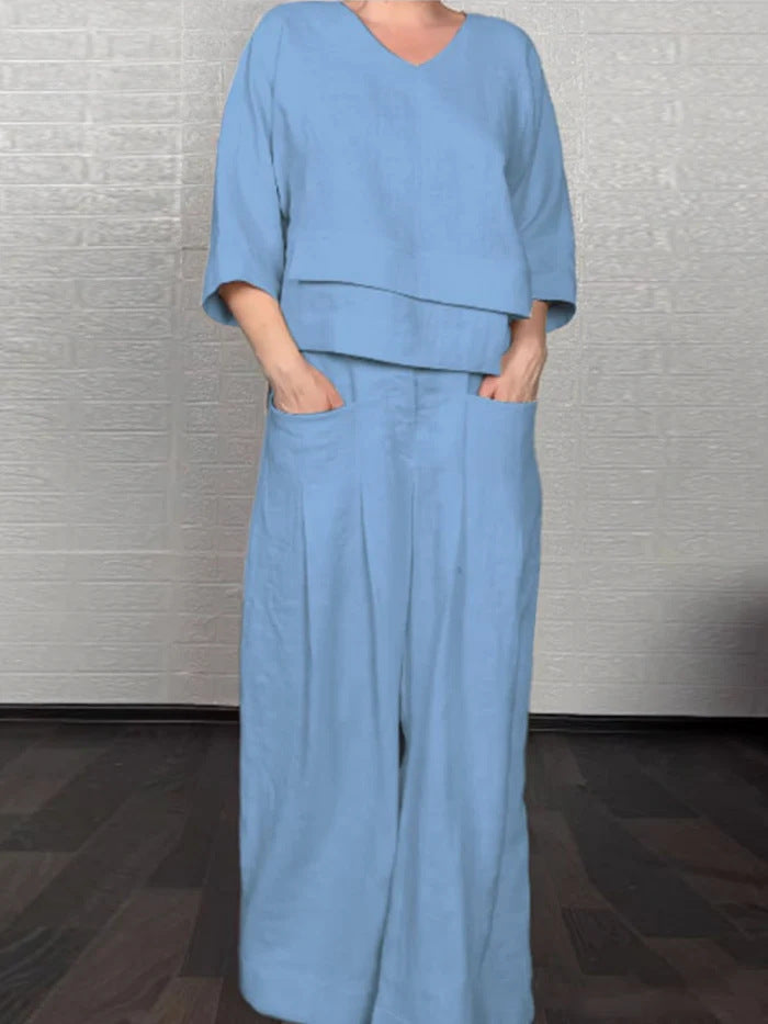 Solid color round neck long-sleeved casual top and straight leg pants two-piece set