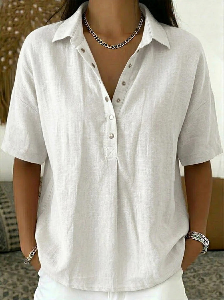 New summer women's loose-fitting, comfortable collared short-sleeved solid color shirt