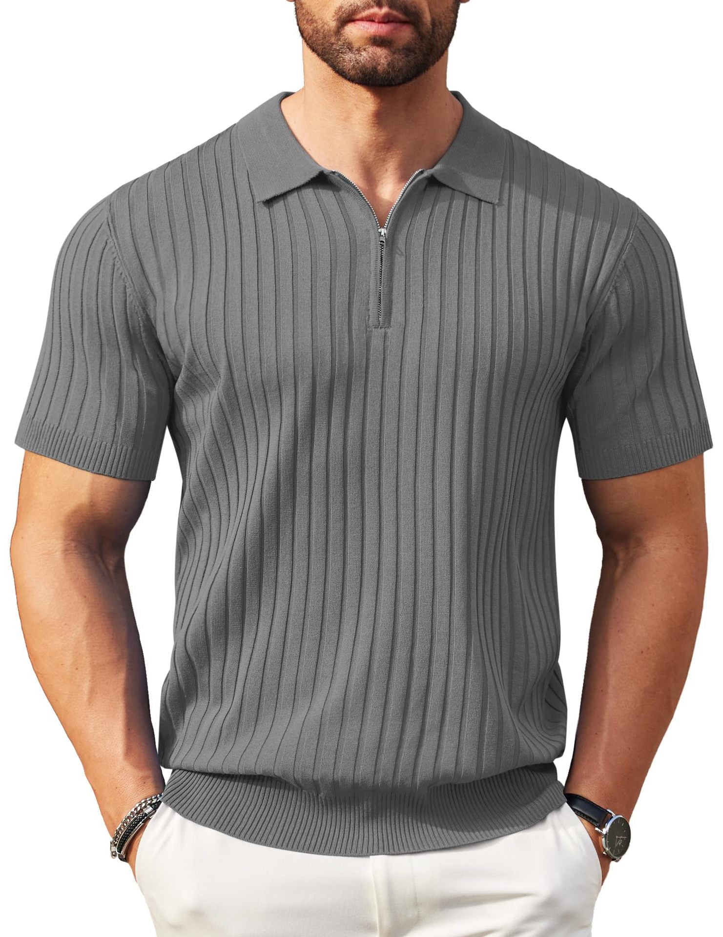 Men's Zippered Short-Sleeve Ribbed Knit Polo Shirt (Spring/Summer)