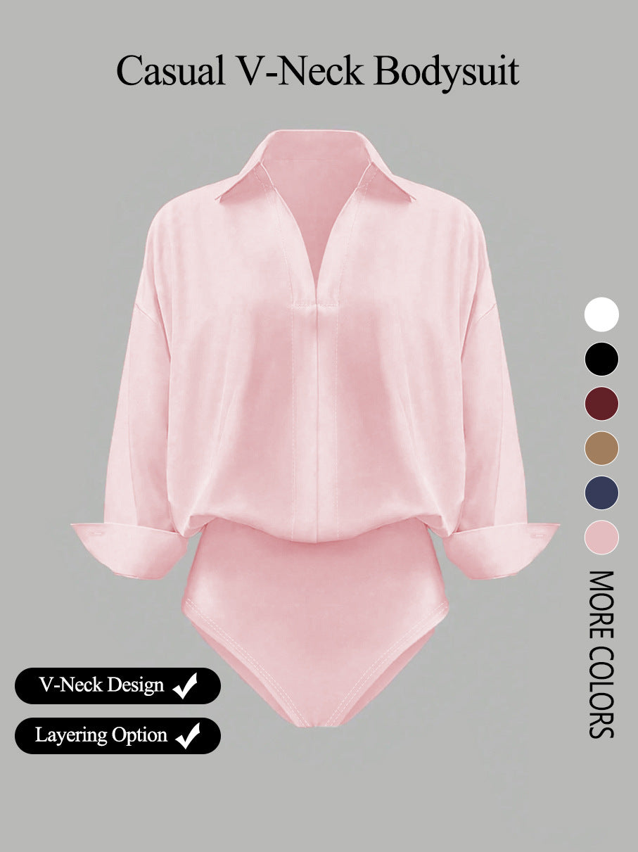 Women's V-neck fashionable, elegant, simple solid color long-sleeved shirt for spring
