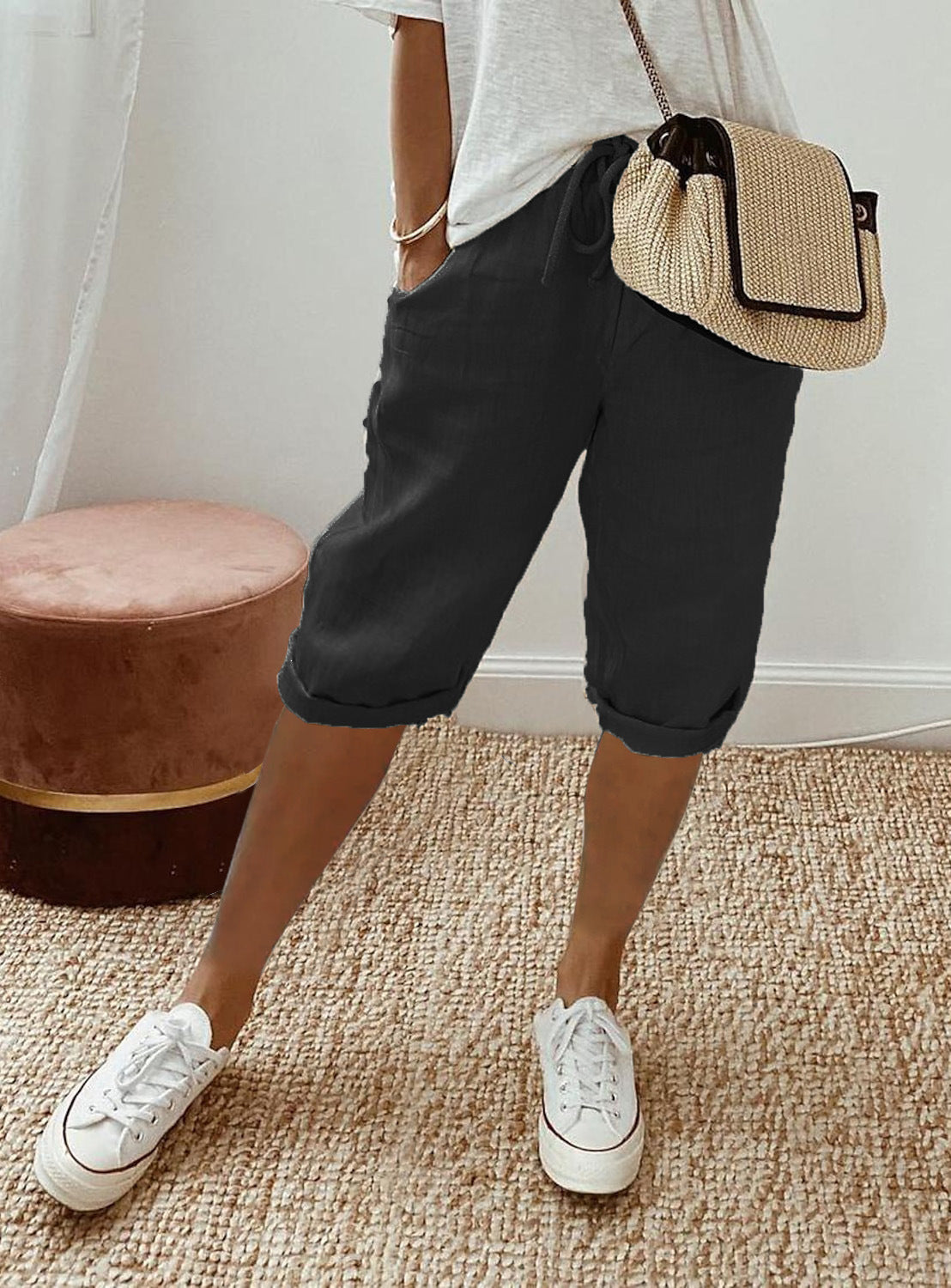 Women's cotton and linen pocket elastic waist casual five-point pants