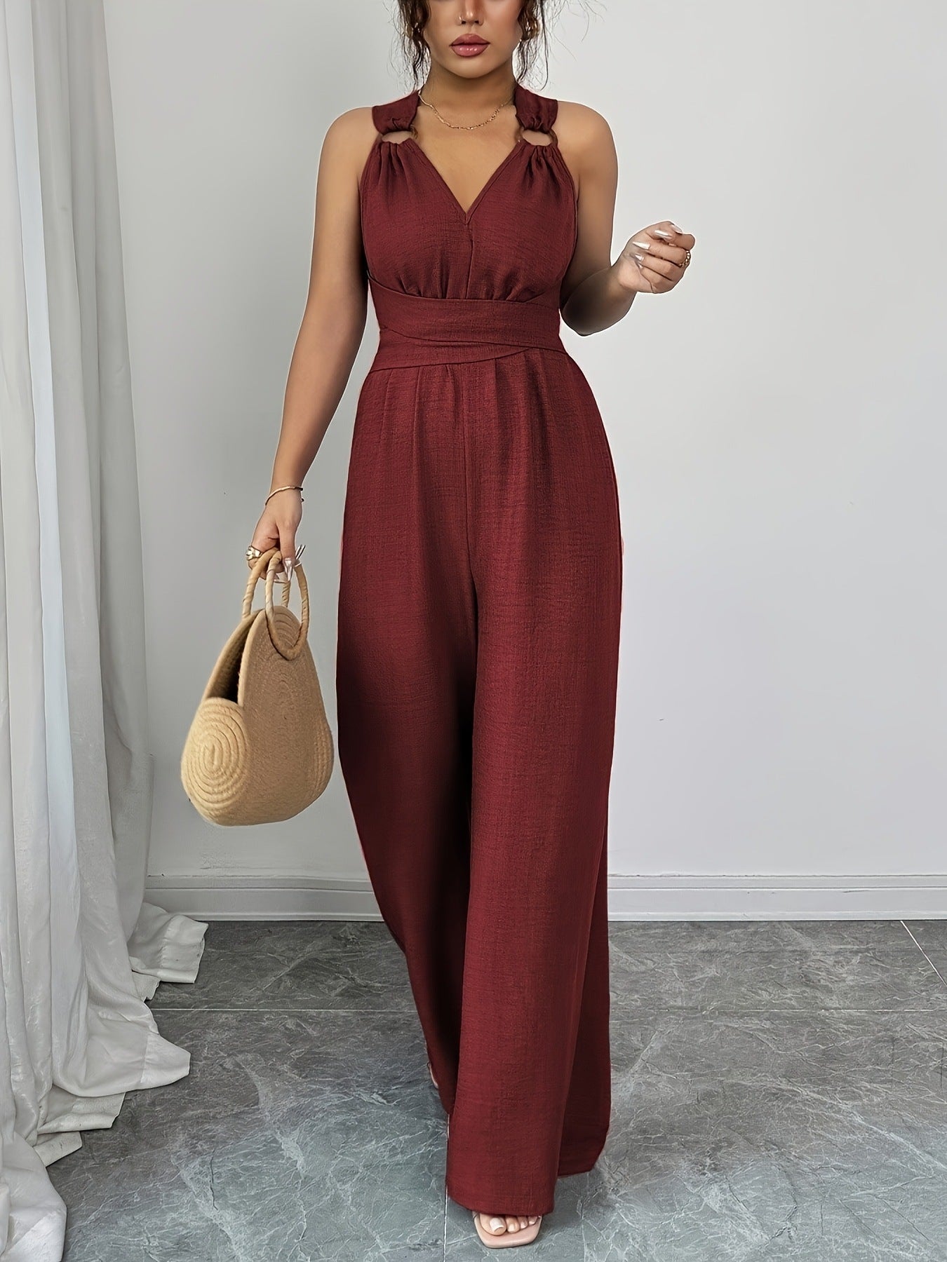 Fashionable and sexy V-neck backless crossover waist wide-leg jumpsuit