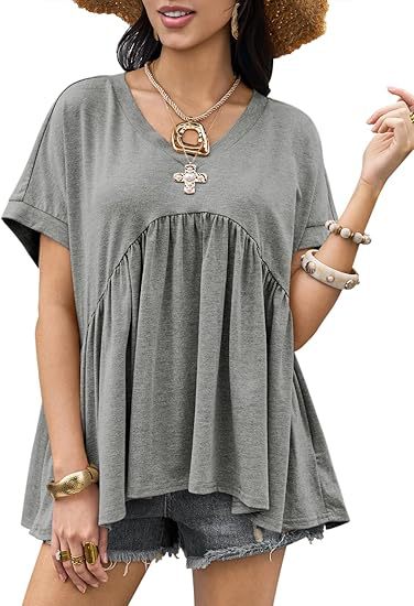 Summer short-sleeved V-neck casual loose pleated shirt