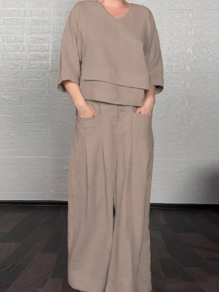 Solid color round neck long-sleeved casual top and straight leg pants two-piece set