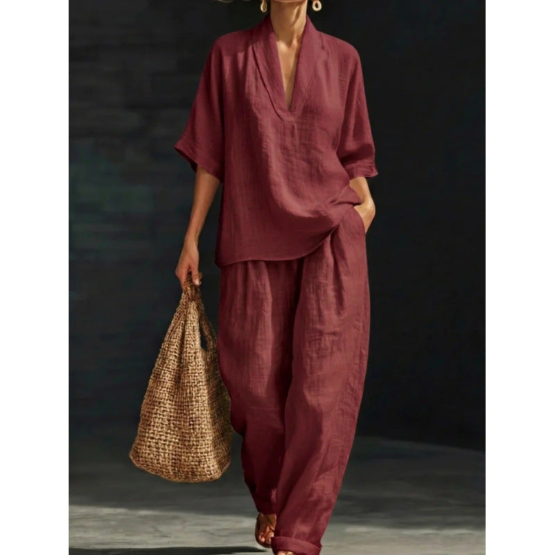 Loose, casual, comfortable, simple solid color two-piece set
