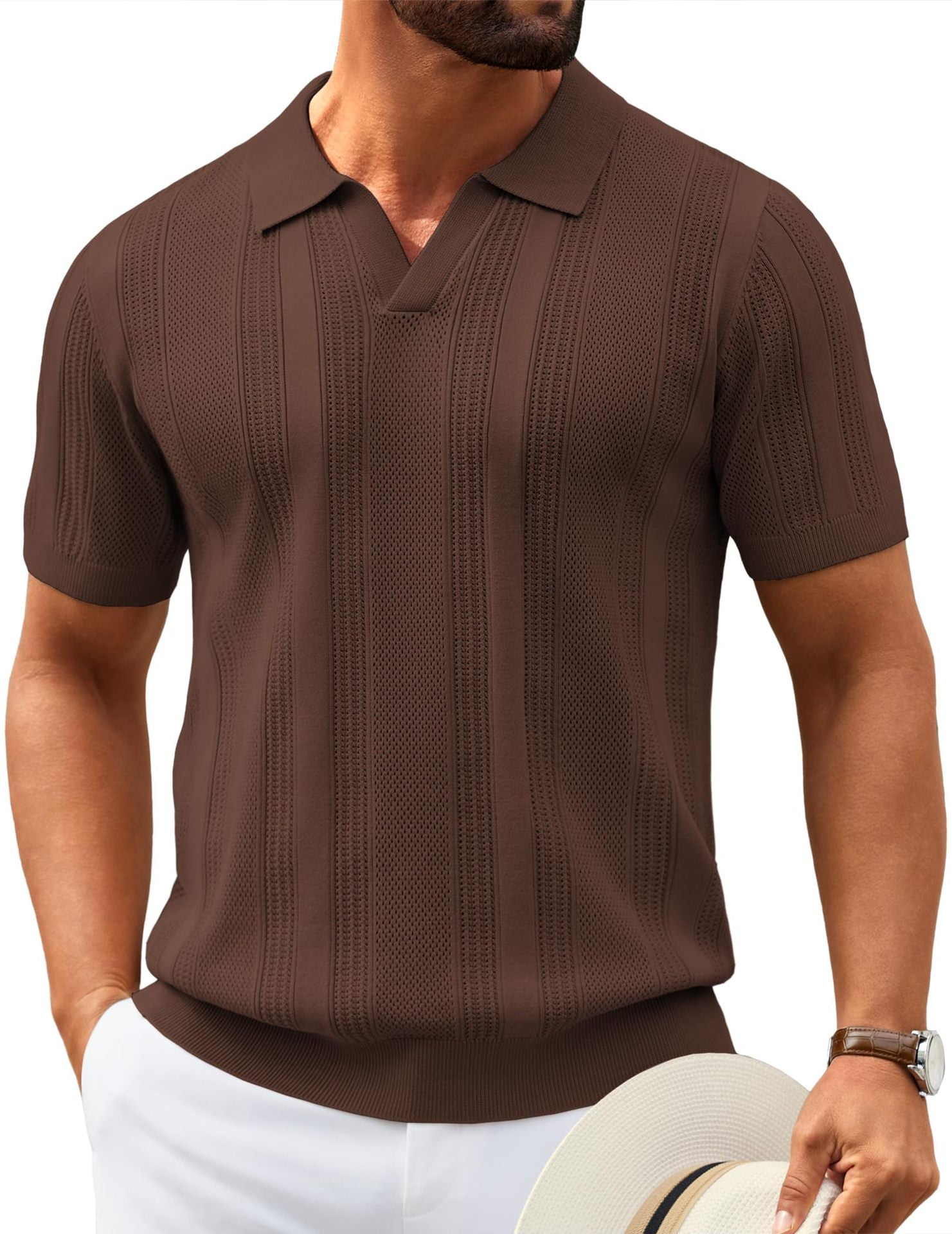Men's Knitted V-Neck Textured Short-Sleeve Breathable Polo Shirt
