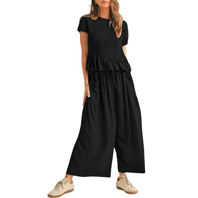 Stretch Pleated T-shirt and High-Waisted Wide-Leg Pants Casual Two-Piece Set