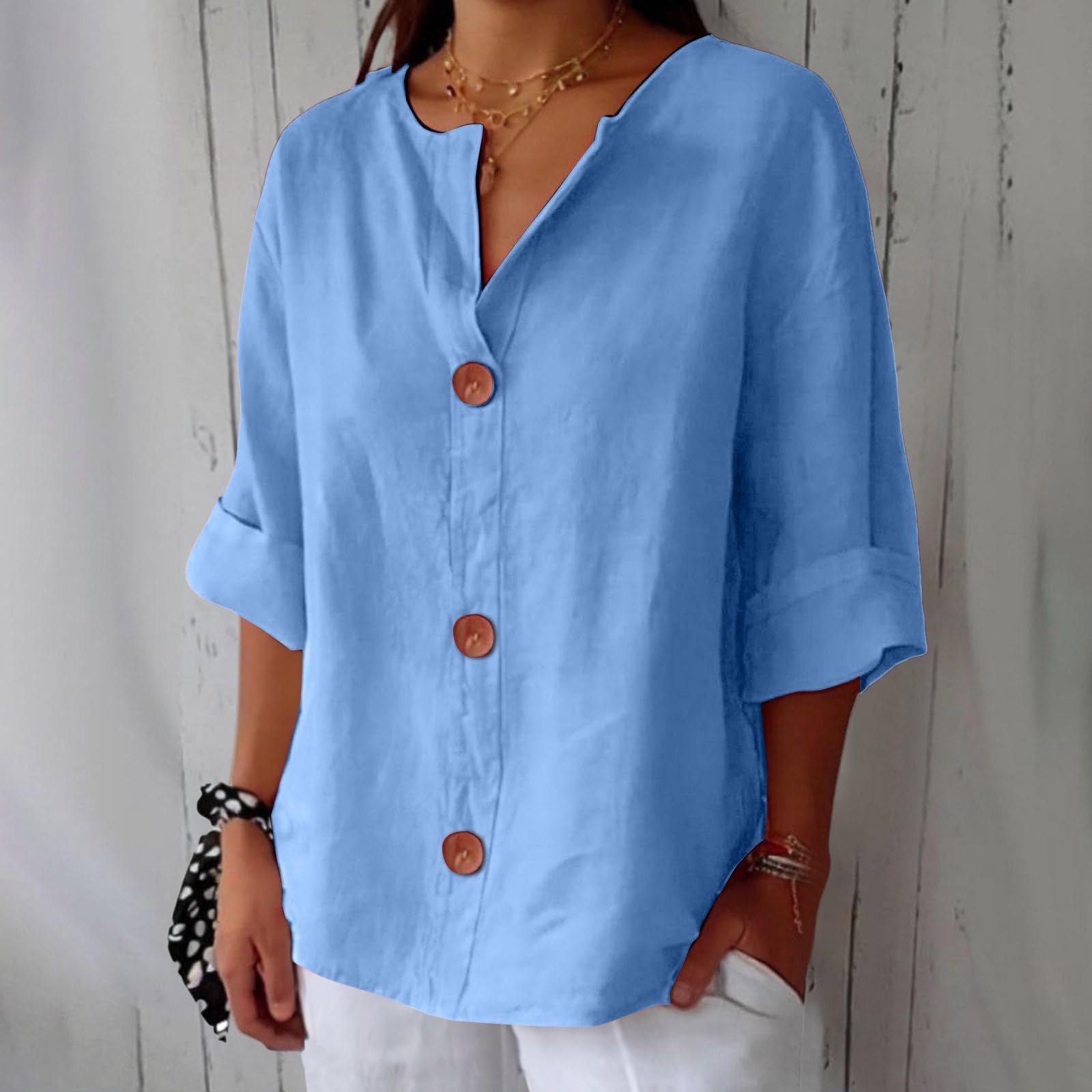 New loose-fitting V-neck cotton linen button-down top