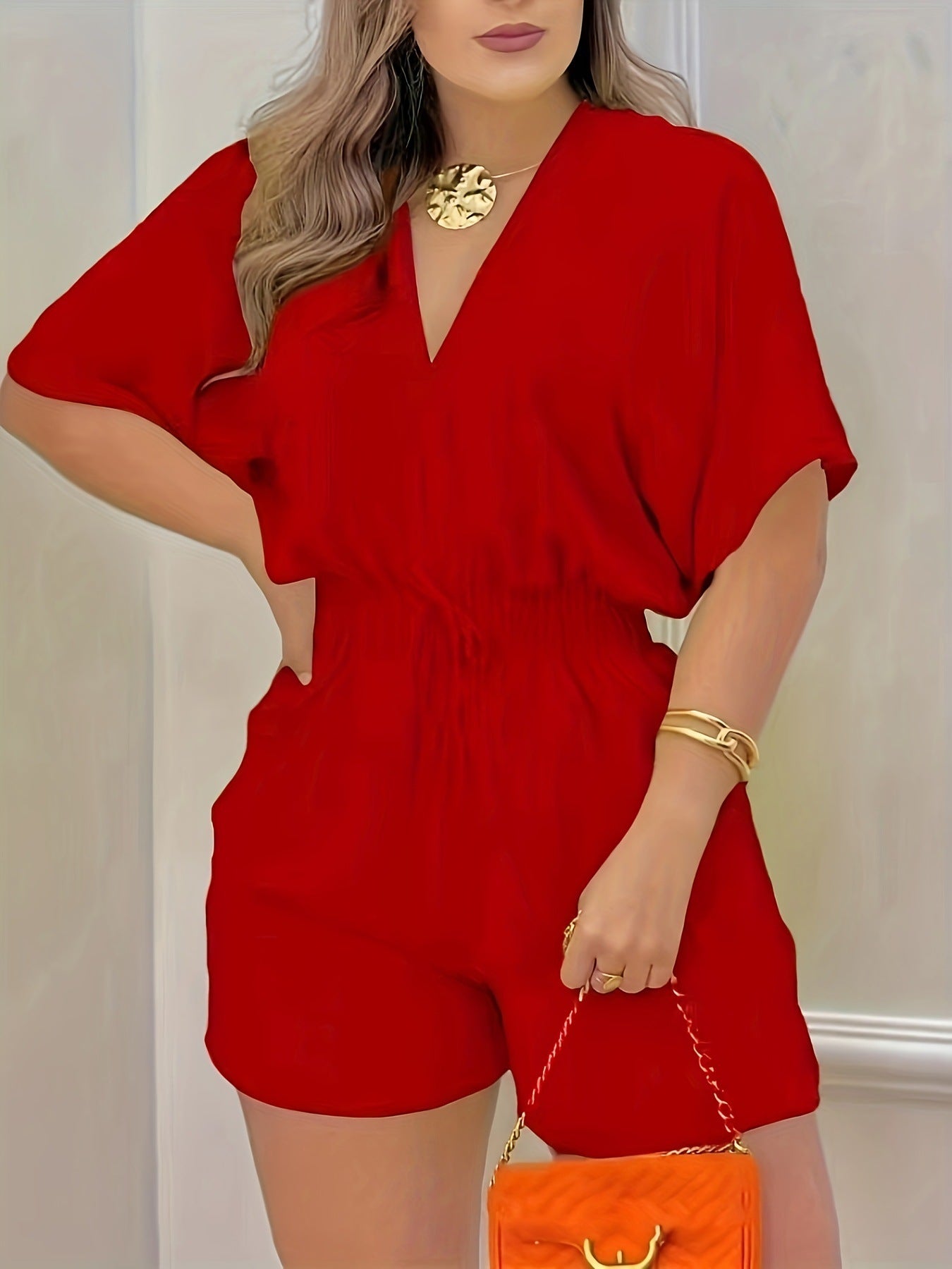 Women's Solid Color Drawstring Pleated Waist Slim Fit V-Neck Jumpsuit