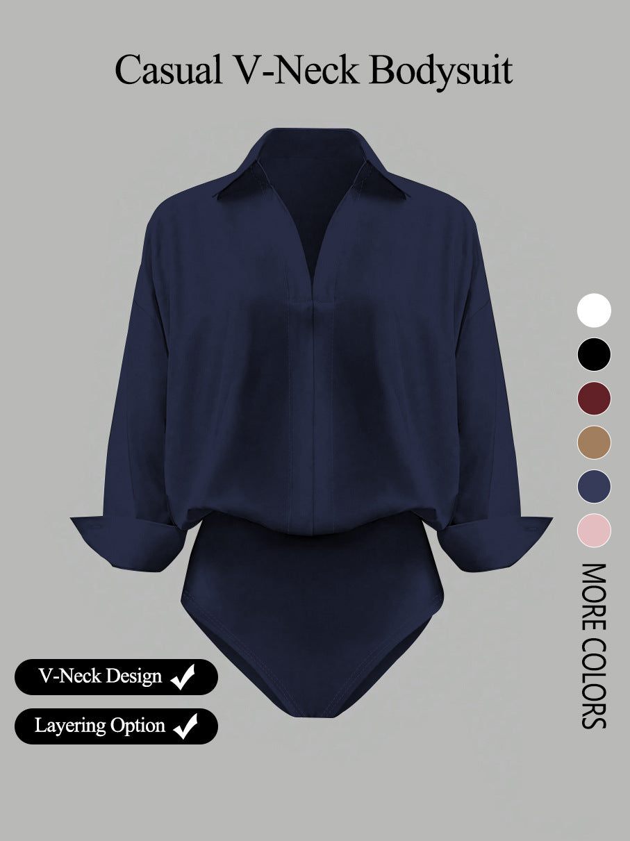 Women's V-neck fashionable, elegant, simple solid color long-sleeved shirt for spring