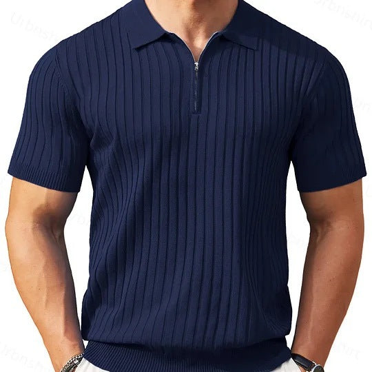 Men's Zippered Short-Sleeve Ribbed Knit Polo Shirt (Spring/Summer)