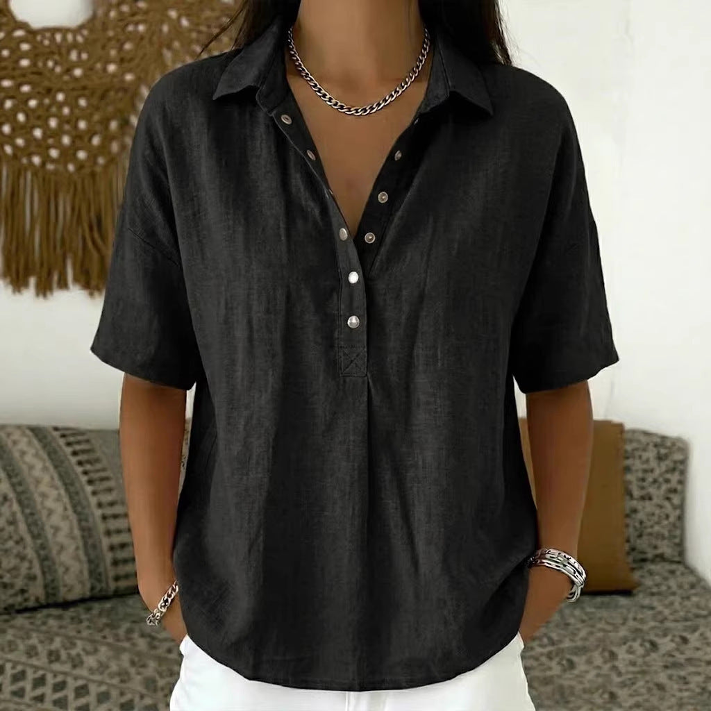 New summer women's loose-fitting, comfortable collared short-sleeved solid color shirt