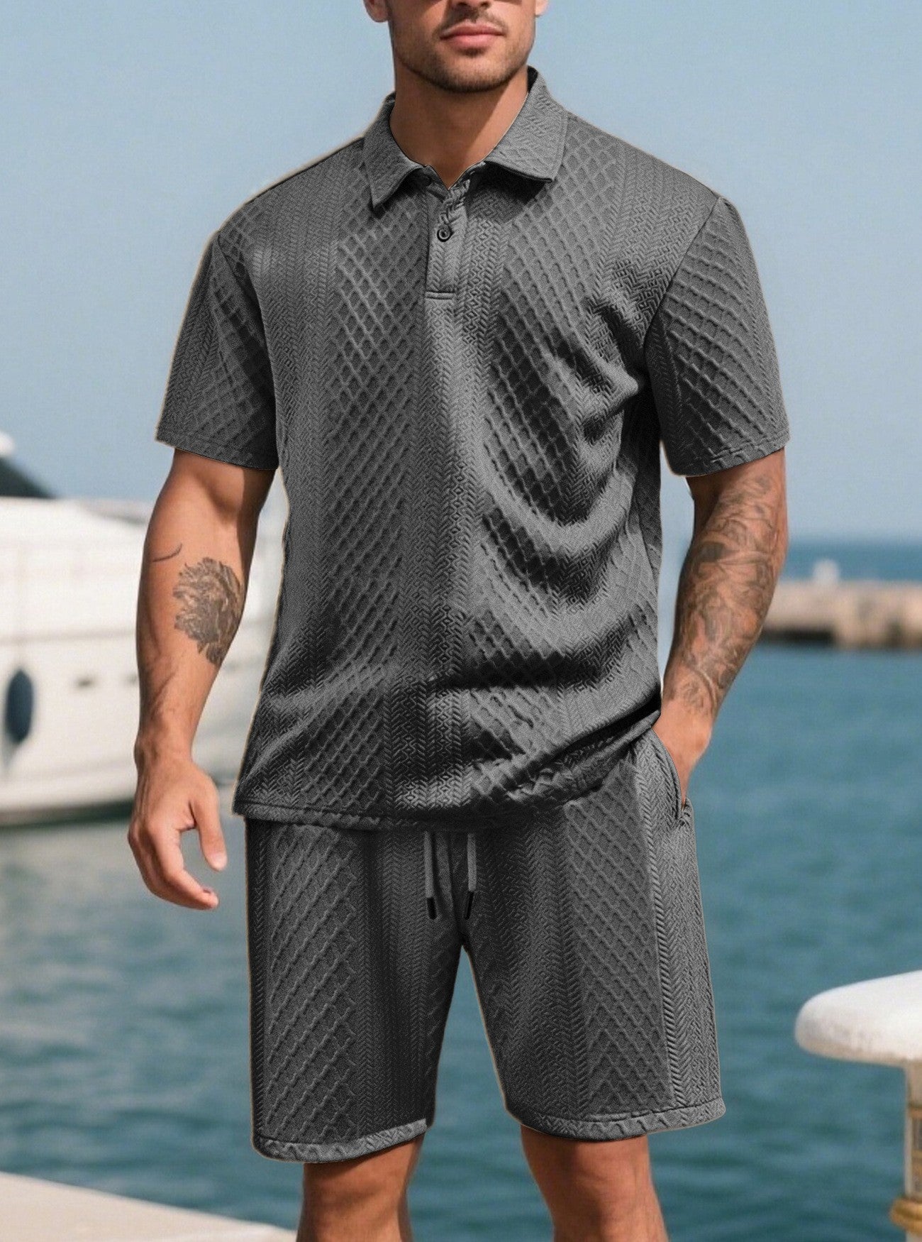 Jacquard fabric casual sports short-sleeved collared polo shirt set