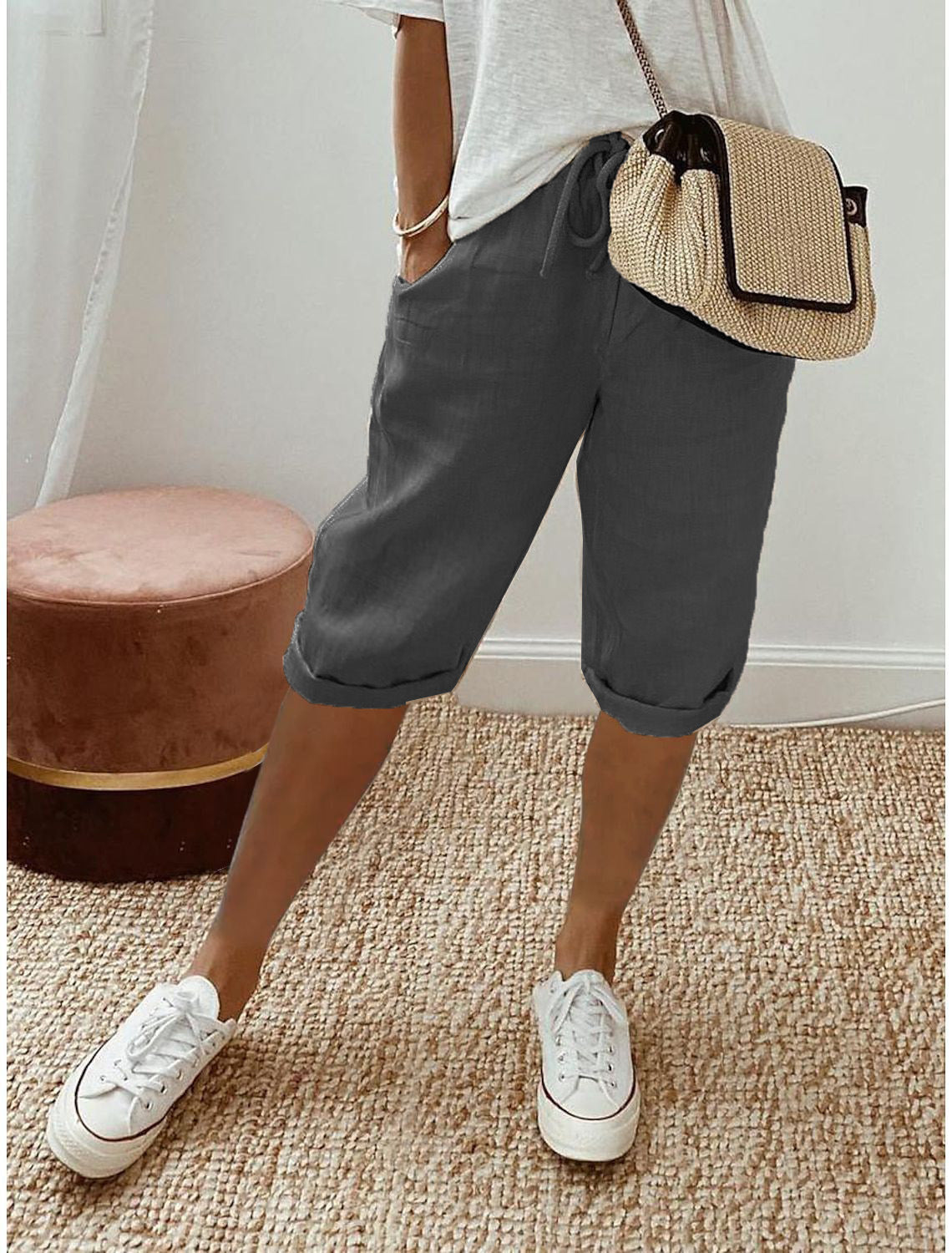 Women's cotton and linen pocket elastic waist casual five-point pants
