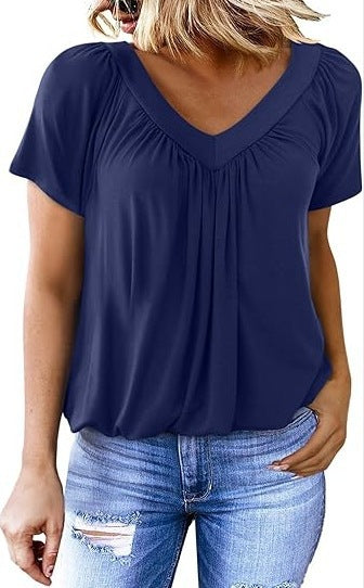 V-neck raglan sleeve pleated casual everyday lounge T-shirt