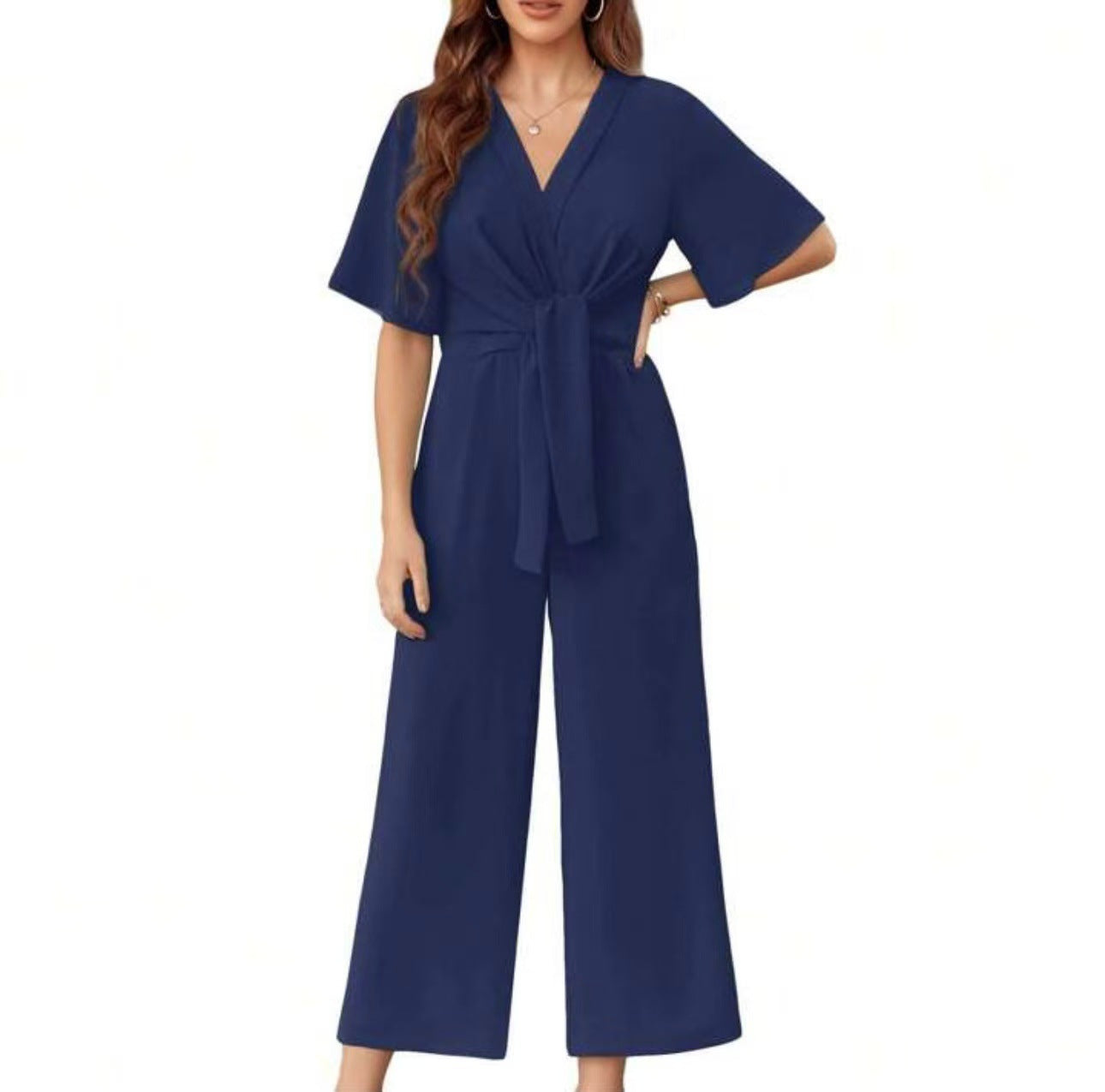 Solid color V-neck minimalist design short-sleeved jumpsuit